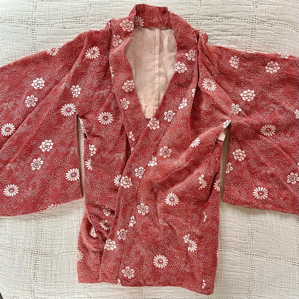 Authentic Japanese Haori kimono jacket, red pink floral size medium large